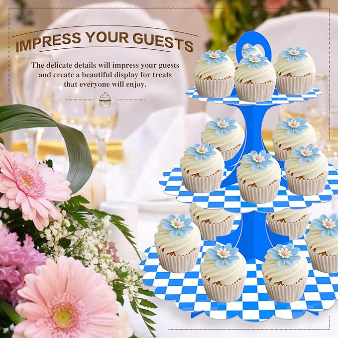 2 Pack 3-Tier Cupcake Stand,Blue White Checkered Cardboard Racing Car Theme Dessert Holder for Party Wedding Baby Shower Birthday Decor