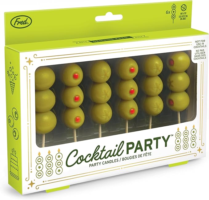 Genuine Fred Cocktail Party Olive Birthday Candles – Set of 6 Martini Olive Celebration Candles with Wooden Picks – Fun Decoration for Parties, Birthdays, and Happy Hour