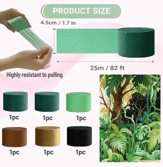 Green Jungle Backdrop Crepe Paper Streamers 492ft Birthday Fringe Party Curtain for Banner, Party Group Photo Background for Camp, Jungle Safari, Big Foot, Woodland Theme