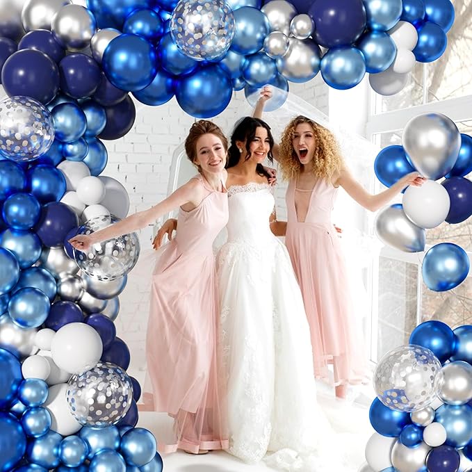 Ouddy Life 156Pcs Blue Silver Balloons Garland Arch Kit, Navy Royal Metallic Light Blue Silver White Confetti Balloon for Birthday Wedding Baby Shower Birdal Graduation Retirement Party Decorations