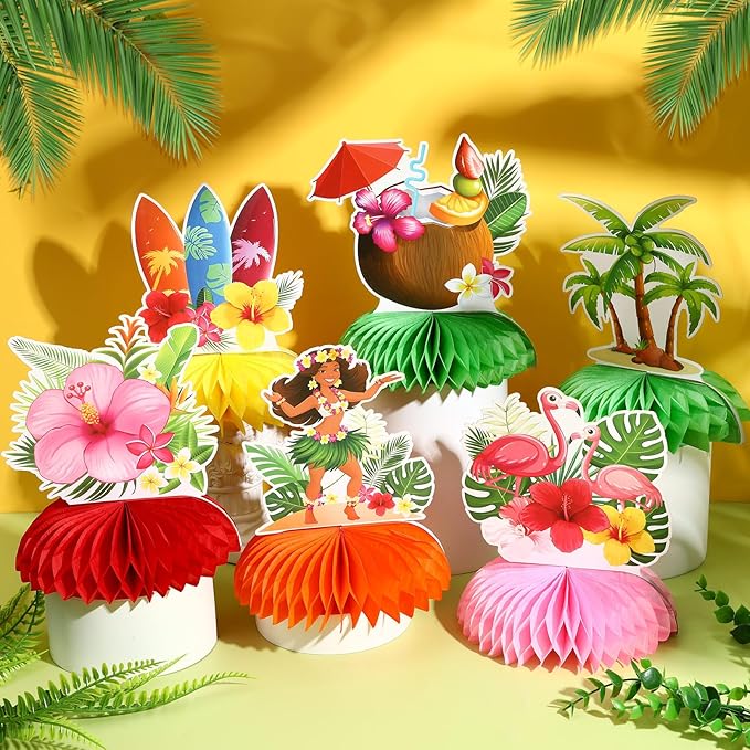 JULMELON 8PCS Hawaiian Luau Party Decorations Honeycomb Centerpieces, 3D Double Side Luau Centerpieces for Tables Tropical Hawaiian Birthday Themed Party Decorations Supplies