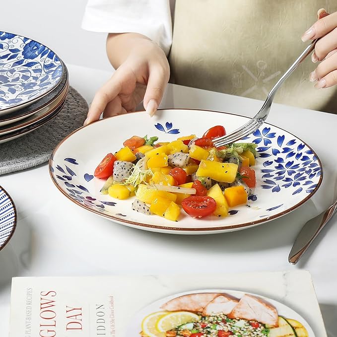 KitchenTour Large Ceramic Dinner Plates, 10 Inch Salad Plates Set of 6, Serving Plates for Dessert, Pasta, Appetizer, Dishwasher and Microwave Safe, Vintage Blue
