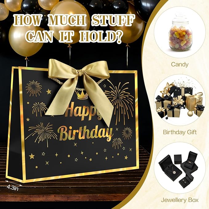 JMANNI Black Gold Happy Birthday Gift Bag with Card and Tissue Paper, 12.6"×9.84"×3.9" Elegant Present Bag for Men Women, Year Old Birthday Keepsake Party Supplies