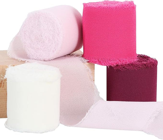 TONIFUL 4 Rolls Hot Pink Chiffon Ribbon Set 1 1/2 Inch 5.5 Yards Silk Fabric for Gift Wrapping, Wedding Party Decoration, Flower Bouquet, Bows Making, DIY Crafts