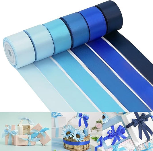 Huihuang Satin Ribbon for Gift Wrapping, Baby & Light Blue/Navy Blue Ribbon for Gift Wrap, DIY Crafts, Baby Shower Decor - 6 Colors x 5 Yards Each