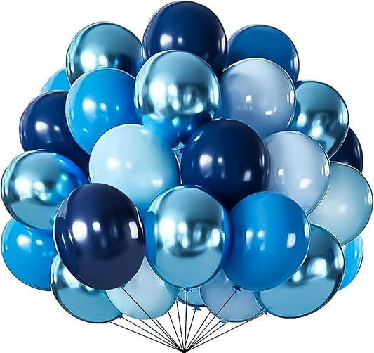 Firomi Metallic Blue Balloons Set 12-inch 70 pack Chrome Blue Latex Balloon and Navy Baby Macaron Blue Balloon for Birthday Baby Shower (with 2 Ribbons)