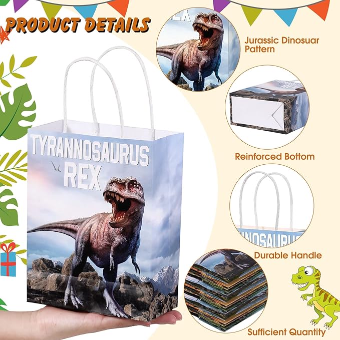 Pajean 24 Pcs Dinosaur Candy Bags with Handle, Dinosaur Party Favor Paper Bags Kids Gifts Goodie Treat Wrapping for Boys Girls Dino Theme Birthday Baby Shower Party Supplies(Simulated Style)