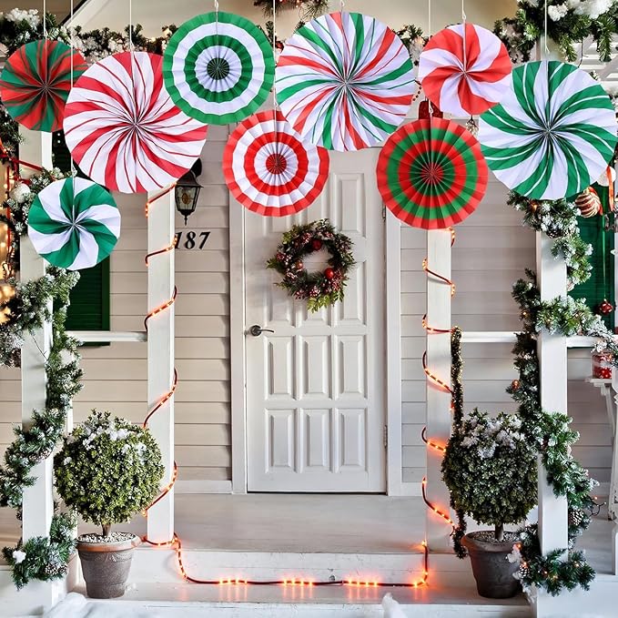 Christmas Hanging Honeycomb Round Colorful Candy Paper Fans Decoration Winter Theme Tissue Paper Fan Garland for Shower Birthday Graduation Wedding Party Supplies 9 Count