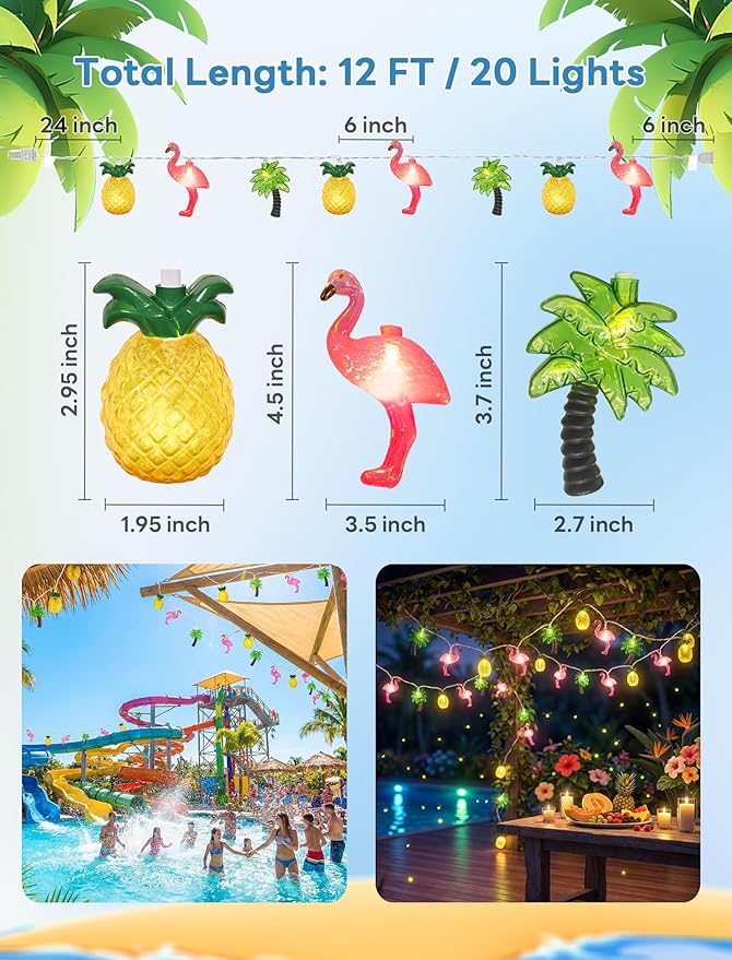 12Ft Summer Beach String Lights with 20 LED Pineapple Flamingo Palm Tree Lights, Plug in Luau Pool Decor for Hawaii Theme Indoor Outdoor Tropical Party Decorations