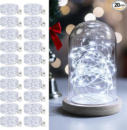 litogo 20 Pack 7FT 20 LED Fairy Lights Battery Operated, 3 Lighting Modes, Bulk Mini Twinkle String Lights Waterproof Silver Wire for Weddings Mason Jars Party Christmas Decorations-Cold White