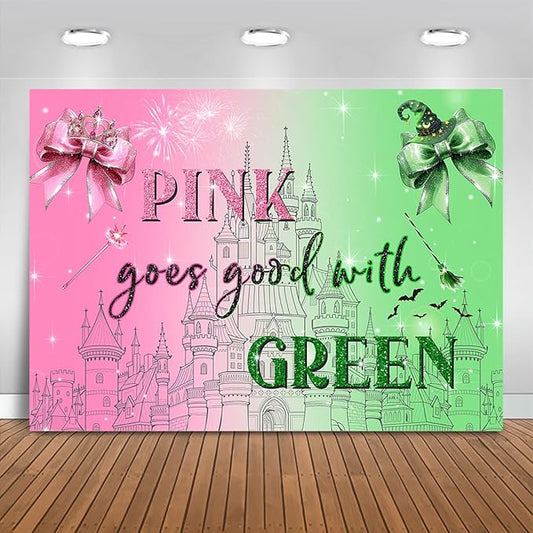Mocsicka Witch Happy Birthday Backdrop Pink Goes Good with Green Birthday Party Decorations for Movie Photography Background Party Supplies (Pink and Green, 8x6ft(96"x72"))