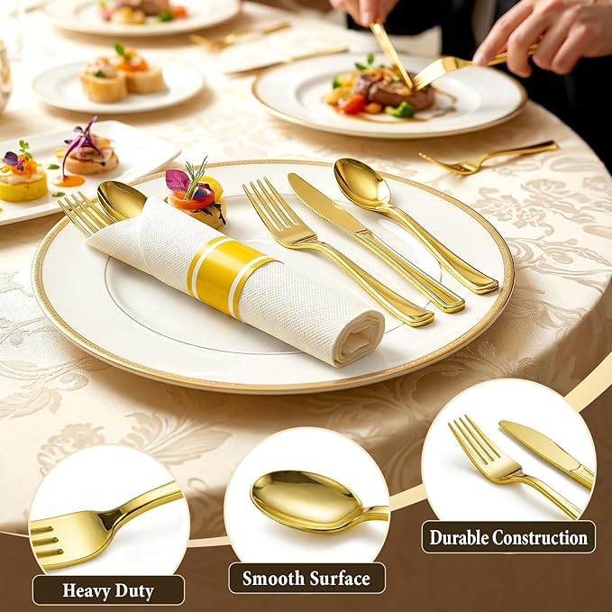 Gold Plastic Silverware 50 Guests,Pre Rolled Silverware Set Wrapped Plastic Cutlery Set Include 50 Forks,50 Knives,50 Spoons and 50 Napkins Heavy Duty Disposable Utensils for Party