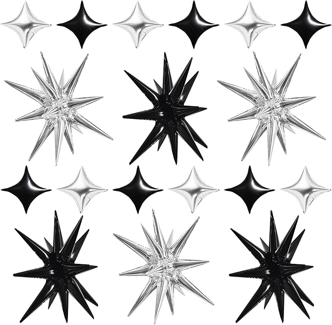 TONIFUL 18Pcs 22Inch Black Silver Large Explosion Star Mylar Balloons and 10Inch Four Pointed Star Balloons Set for Christmas New Year Birthday Wedding Bridal Shower Anniversary Photo Booth Supplies