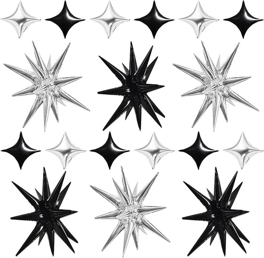 TONIFUL 18Pcs 22Inch Black Silver Large Explosion Star Mylar Balloons and 10Inch Four Pointed Star Balloons Set for Christmas New Year Birthday Wedding Bridal Shower Anniversary Photo Booth Supplies