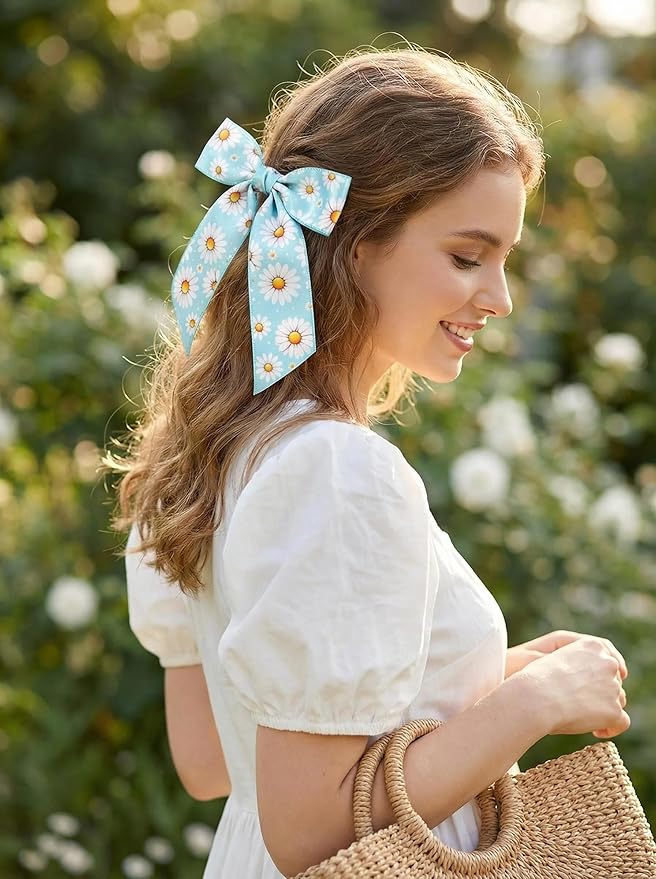 Spring Daisy Wired Edge Ribbon, 2.5 Inch Turquoise Blue with White Pink Floral Printed Ribbon, 4 Rolls for Birthday Wedding Bridal Baby Shower DIY Wrapping Mother's Day Party Decor (Turquoise Blue)