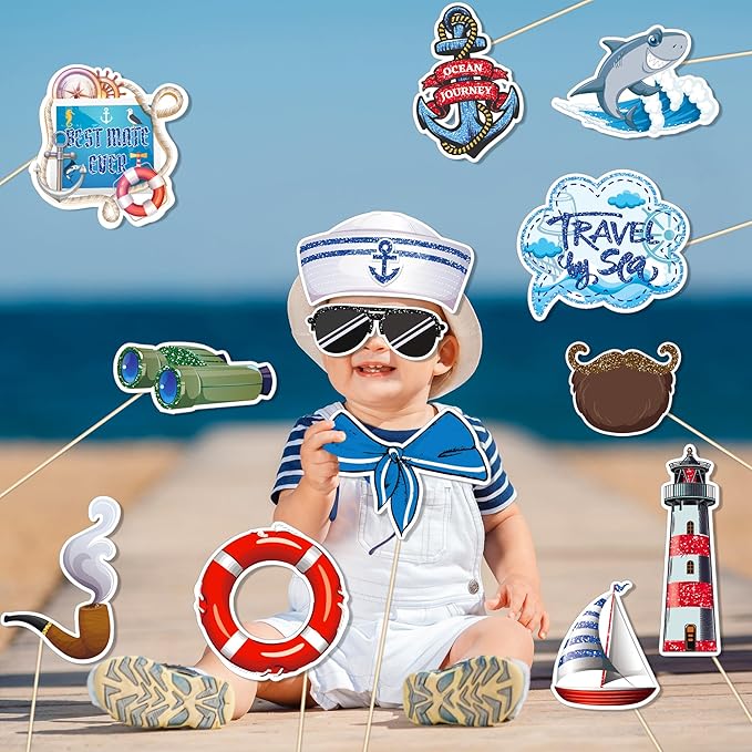 25Pcs Nautical Photo Booth Props for Sailor Birthday Party Decorations, Cruise Anchor Sailboat Yacht Theme Selfie Props Photography Backdrop Decorations for Nautical Ahoy Boy Birthday Party Supplies