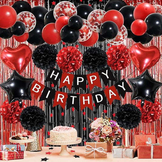 ZERODECO Red Black Birthday Party Decorations, Happy Birthday Banner Pompoms Balloon Arch Fringe Curtain Party Décor for Baby Girls Women Black and Red Party