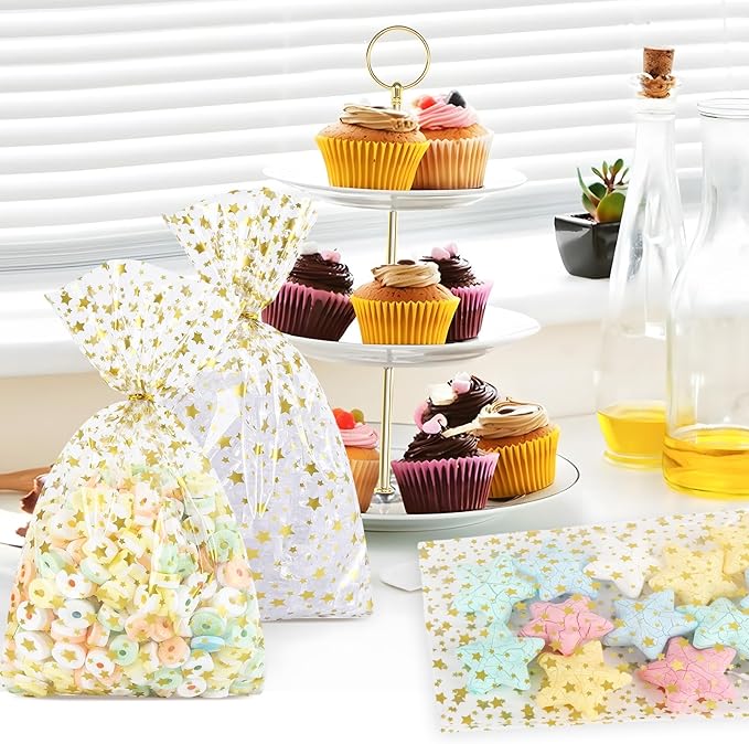50 Pcs 12"x16" Clear Cellophane Treat Bags with 50 Twist Ties, Gold Cellophane Gift Bags, for Cookies, Candy, Bakery, Birthday, Wedding, Valentine's Day, Baby Shower & Holiday Party Favors