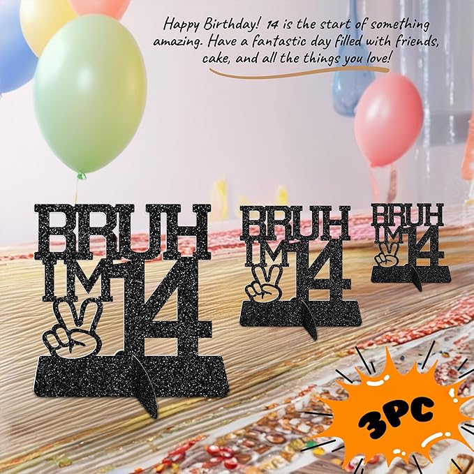 Bruh I'm 14 Black Glitter Center Pieces Decoration - Funny 14th Birthday Party Decorations for Boys, 14th Birthday Centerpiece, Teen Boy Decor, Party Supplies (Bruh I,m 14)
