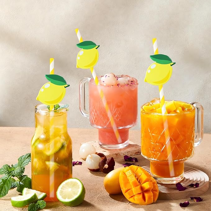 Lemonade Stand Paper Straws - 100PCS Fresh Lemonade Party Decorations Supplies, Lemon Drink Cocktail Striped Straw for Drinks, Birthday Decor for Summer Disposable (Yellow)
