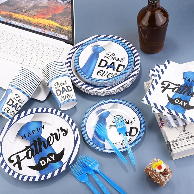 Kochorie 144 Pieces Father's Day Party Tableware Sets Including Disposable Plates Napkins Cups Forks Serves 24 for Father's Day Decorations Dad Grandpa Celebration Happy Father's Day Party Supplies