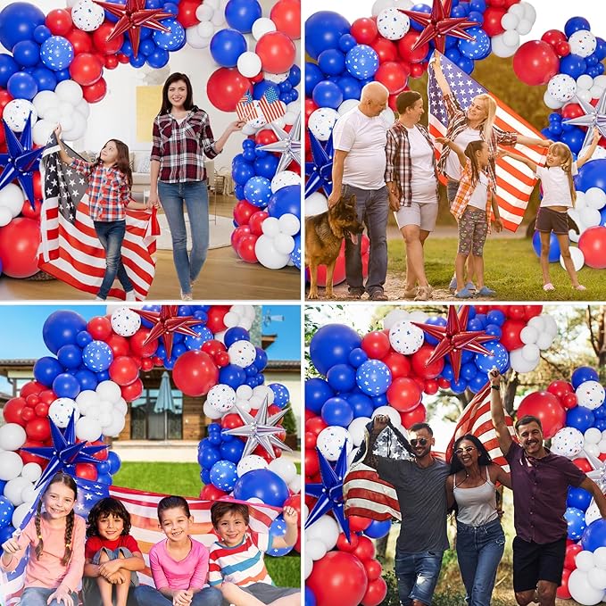 161pcs Red White and Blue Balloon Arch Kit Patriotic Balloons with Explosion Star Balloons for 4th of July Balloon Garland Nautical Veterans Memorial Day Baseball Graduation Party Decorations