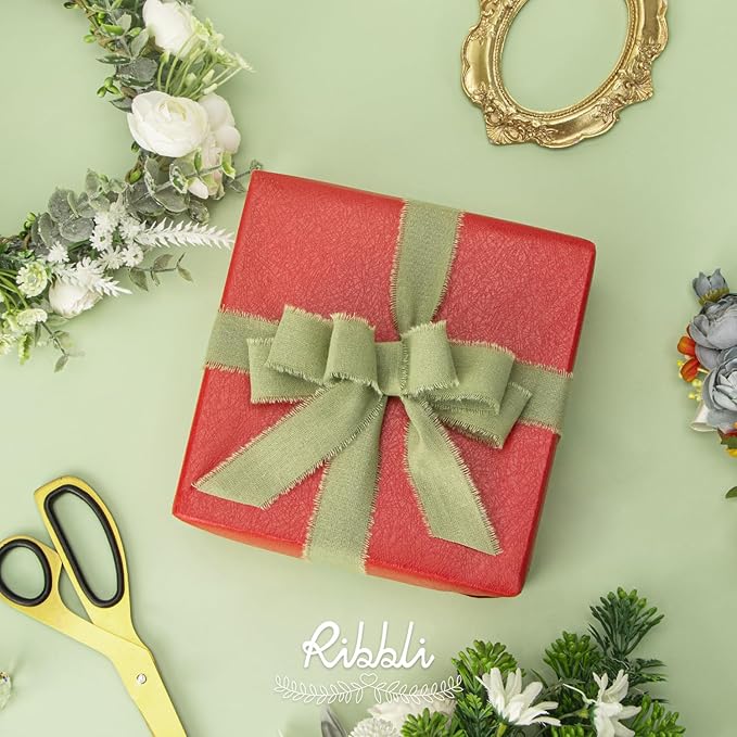 Ribbli 3 Rolls Sage Green Ribbon 1 Inch x 18 Yards Handmade Cotton Frayed Fringe Ribbons for Gift Wrapping Wedding Invites Bridal Bouquets Baby Shower DIY Crafts Home Decor