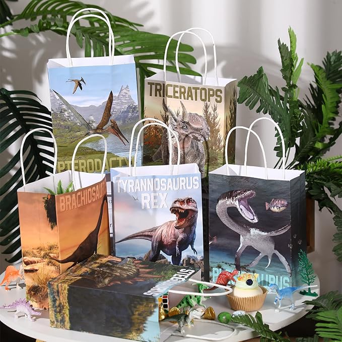Pajean 24 Pcs Dinosaur Candy Bags with Handle, Dinosaur Party Favor Paper Bags Kids Gifts Goodie Treat Wrapping for Boys Girls Dino Theme Birthday Baby Shower Party Supplies(Simulated Style)