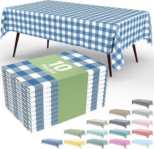 Smiry 10 Pack Aquamarine Gingham Disposable Tablecloths - 54" x 108" Heavy Duty Plastic Table Cloth, Waterproof Buffalo Plaid Table Covers for Picnic, Banquets, Parties