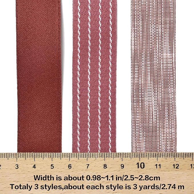 BEEFLYING 3 Styles Dark Red Wire Edged Ribbons for Gift Wrapping Decoration 25~28mm×2.7m Stripe Ribbon Satin Ribbon for Wedding Party Decoration Hair Bows Flower Designs Sewing and Craft, 9 Yards
