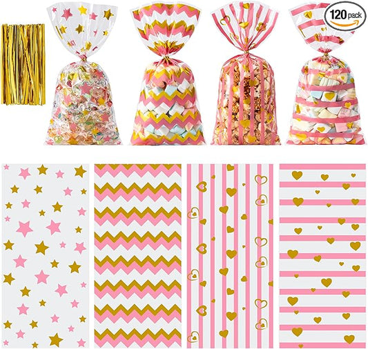 Aegero Valentines Cellophane Bags 120pcs Valentines Candy Bags with 140pcs Twists for Valentine's Candy Cookie Goodie Snack Bag for Valentines Day Wedding Party Favor Supplies,Classroom Parties Valentine03-Gold Powder Heart