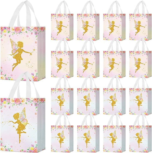 Locmeo 24 Pcs Floral Fairy Party Favor Bags with Handles Reusable Non Woven Floral Fairy Goodie Bags Pink and Purple Candy Treat Gift Bag for Girl Boy Birthday Baby Shower Party, 8 x 4 x 10 Inch