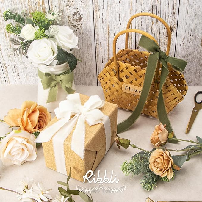 Ribbli 3 Rolls Green Ribbon 1 Inch x 18 Yards Ivory Sage Moss Handmade Cotton Frayed Fringe Ribbons for Gift Wrapping Wedding Invites Bridal Bouquets Baby Shower DIY Crafts Home Decor