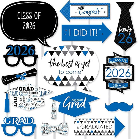 Big Dot of Happiness Blue Graduation Props for Photoshoot 2026, 20-Count Set of High School Senior Photo Booth Props for Pictures and Graduation Party Decorations