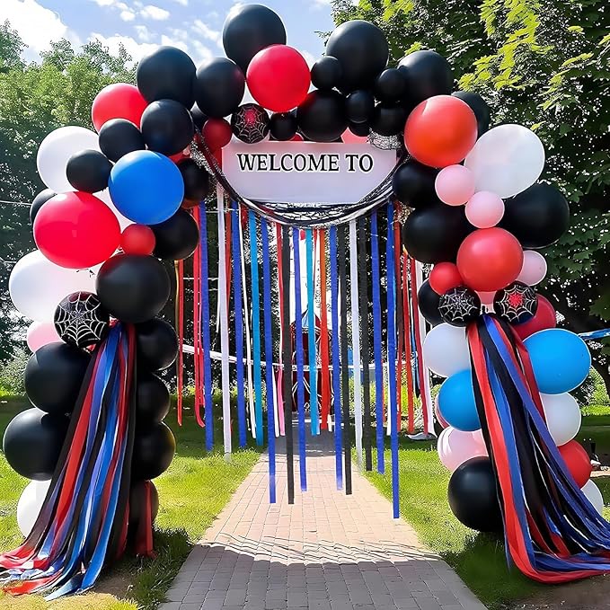 8 Rolls Red Blue Black Crepe Paper Streamers, Red Blue White Party Streamer Carnival Decoration, for Birthday Spider Circus Theme Party Decorations