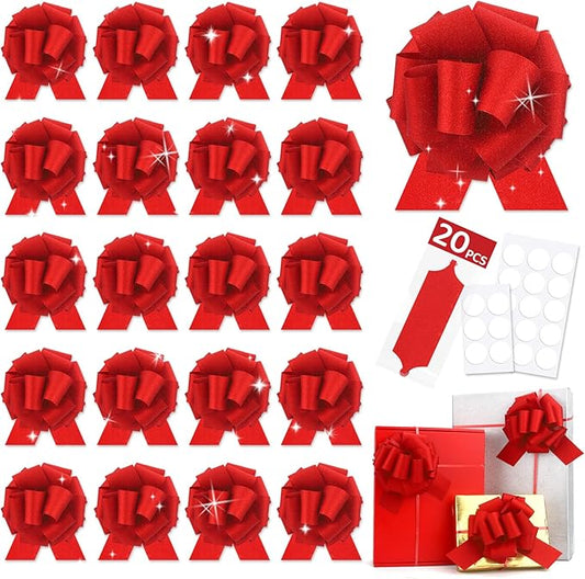 20 pcs Red Pull Bow for Gift Basket Wrapping Xmas Gift Bows Presents Adhesive Wrap Ribbon Bow for Christmas Tree Ornament Wine Bottles Bouquet Flower Valentine's Day Party Decor (Red-L)