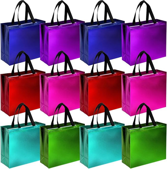 VGOODALL 12PCS Reusable Gift Bags, 12.6"x5"x11" Large Party Favor Bags with Handles, Blue Green Purple Red Teal Rose for Birthday Wedding