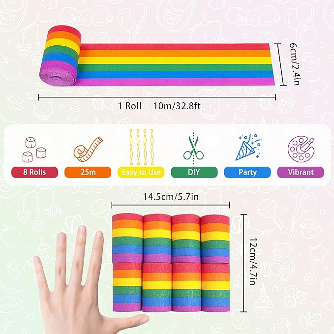 8 Rolls Crepe Paper Streamers, Rainbow Streamers Party Decorations for Birthday Baby Shower Bridal Shower Wedding Party Easter St Patrick's Day Pride Month
