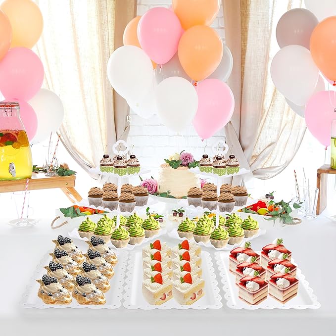 6 Pcs Dessert Table Display Set - 2 X Cupcake Stand Holder/Cup Cake Tier Tower & 4 X Serving Tray Combo for Tea Party, Birthday, Baby Shower (Square Pure White)