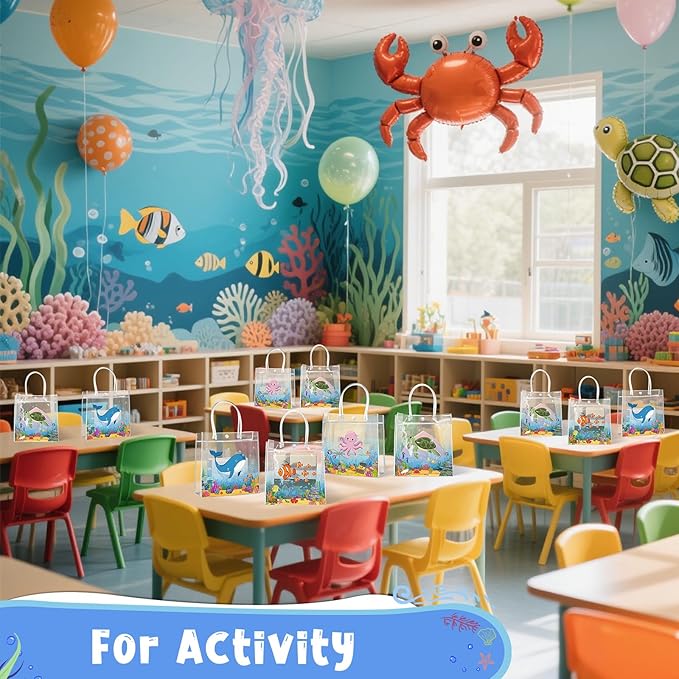 Aliceset 20 Pcs Under the Sea Party Clear Favor Bags with Handles Sea Party Candy Treat Bags Marine Ocean Animals Theme Goodies for Birthday Baby Shower Supplies Candy Snack Wrapping