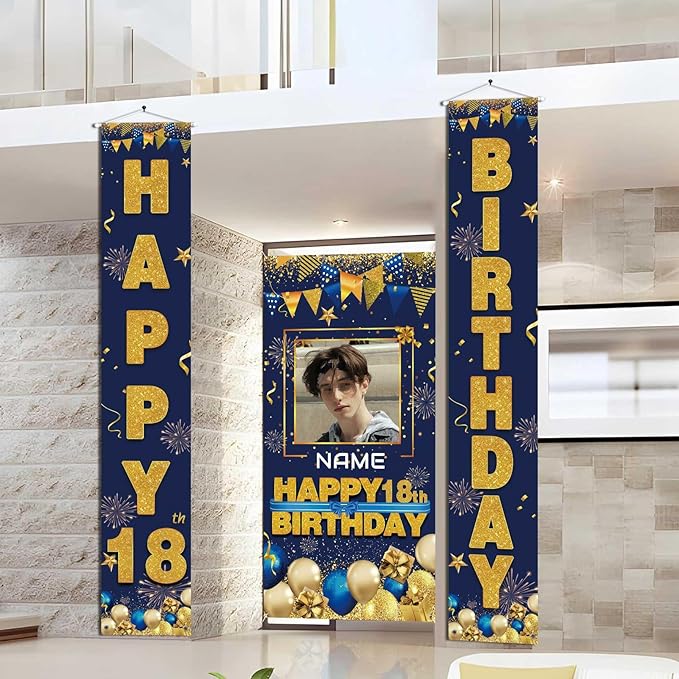 Custom Photo Birthday Banner Set Personalized Name Door Banners Fabric Backdrop Birthday Decorations Party Supplies Background for Indoor Outdoor Front Door Sign(Blue and Gold)