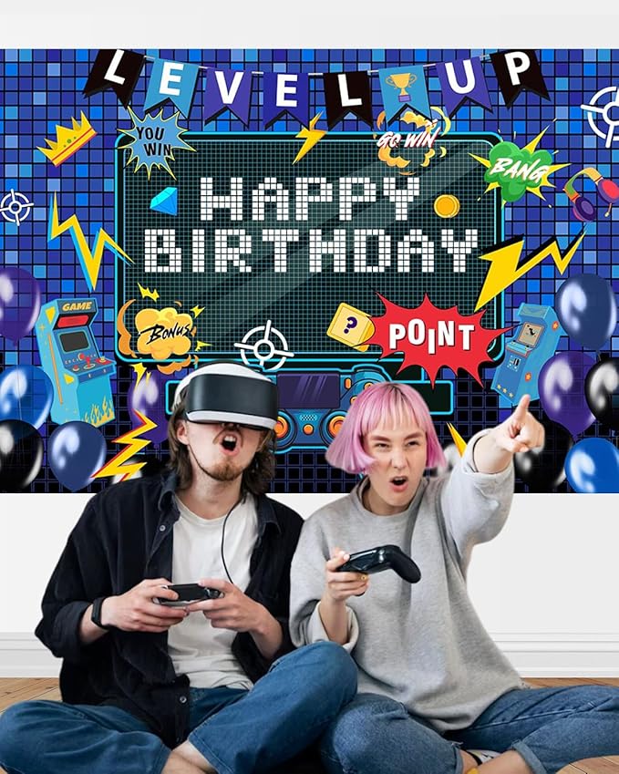 Mocsicka Video Game Birthday Backdrop Game on Happy Birthday Party Decorations Level up Party Background for Photography Wall Decorations Supplies (Happy Birthday, 10x8ft(120"x96"))