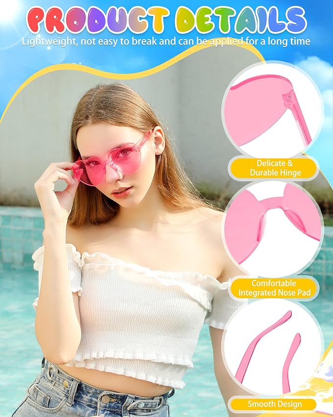 12 Pairs Heart Shaped Sunglasses Candy Color Rimless Fun Heart Glasses for Women Party Favors