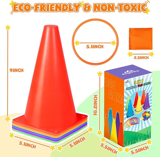 31 PCS Christmas Carnival Games, 3 in 1 Indoor Outdoor Bean Bag Ring Toss Games for Kids Birthday Party, Plastic Soft Cones Yard Lawn Game for Family Party Kid's Gift