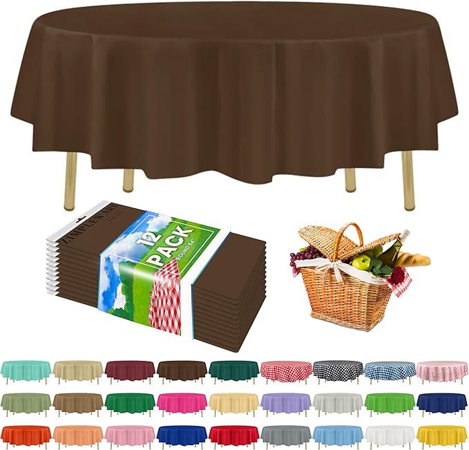 ZIMPLEWARE Premium Brown Plastic Table Cloth Disposable (12 Pack) Round Tablecloth (84in) Party Table Cloths Disposable, Perfect Table Cloth Round Cover for Any Table Up to 6 Feet