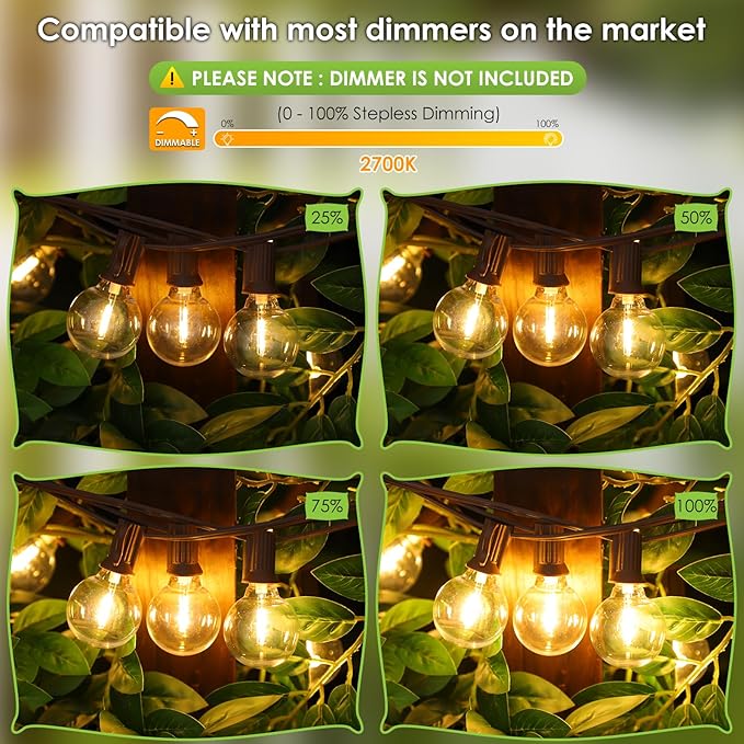 Mlambert 100Ft LED Outdoor String Lights, Dimmable G40 Globe Patio Lights with 50+3 Waterproof Shatterproof Bulbs for Backyard Porch-Brown Cord 1 Pack