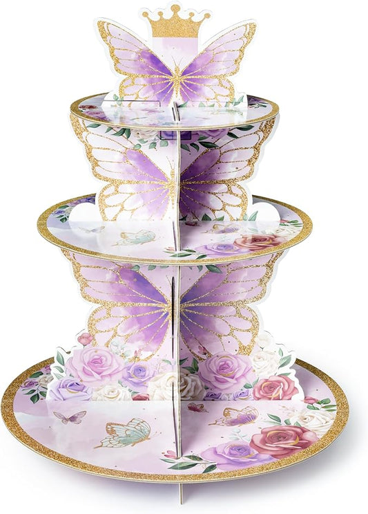 Haooryx Purple Butterfly Cupcake Stand Decoration - 3-Tier Butterfly Floral Crown Cupcake Tower Cardboard Candy Dessert Holder for Spring Butterfly Party Supplies Girl Women Birthday Party Table Decor