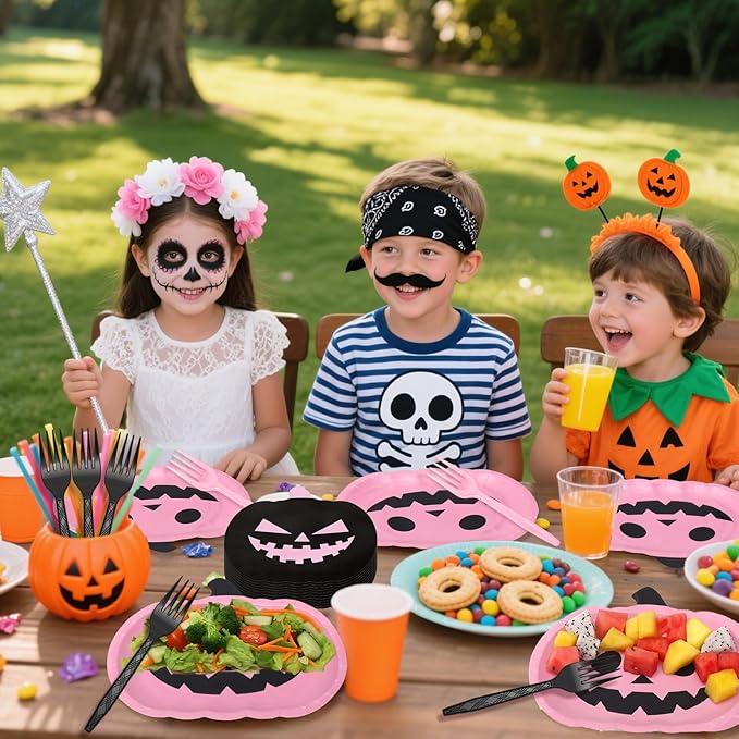 96 Pcs Halloween Paper Plates and Napkins Party Supplies Serve 24, 9" Pink Cartoon Pumpkin Disposable Plates for Halloween Birthday Baby Shower Table Decor