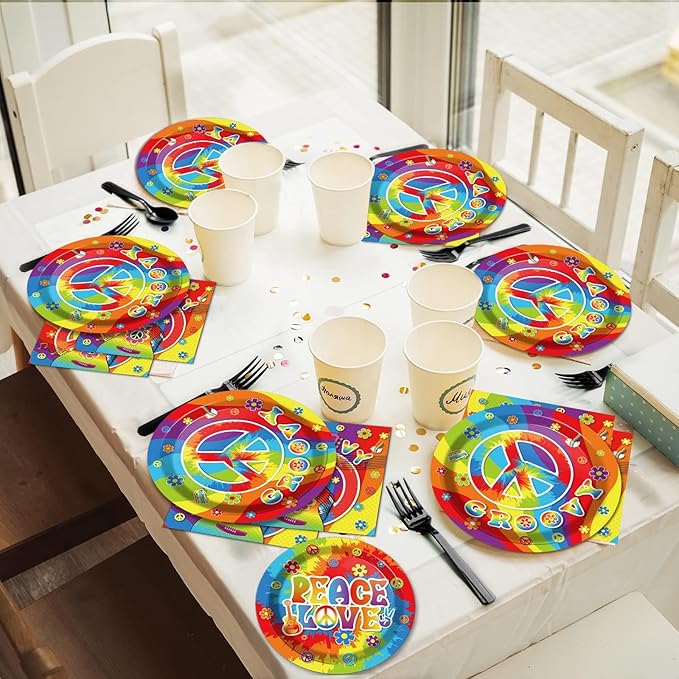 200pcs 60's Hippie Party Plates Napkins Groovy Paper Tableware Set Tie Dye Cake Dessert Disposable Dinnerware 60s 70s Hippie Party Decoration for Baby Shower Birthday Decor Supplies Serves 50