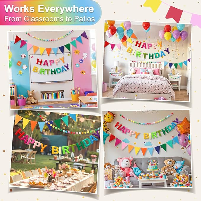 Pre-Strung Happy Birthday Banner & Felt Garland Set - Colorful Birthday Decorations for Women Men Boys Girls | Reusable Party Supplies for Indoor & Outdoor